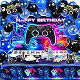 MOMOHOO Video Game Birthday Party Decorations Supplies - 151PCS Gamer Birthday Decorations for Boys Including Happy Birthday Backdrop, Tablecloth, Balloons, Foil Balloons, Stickers