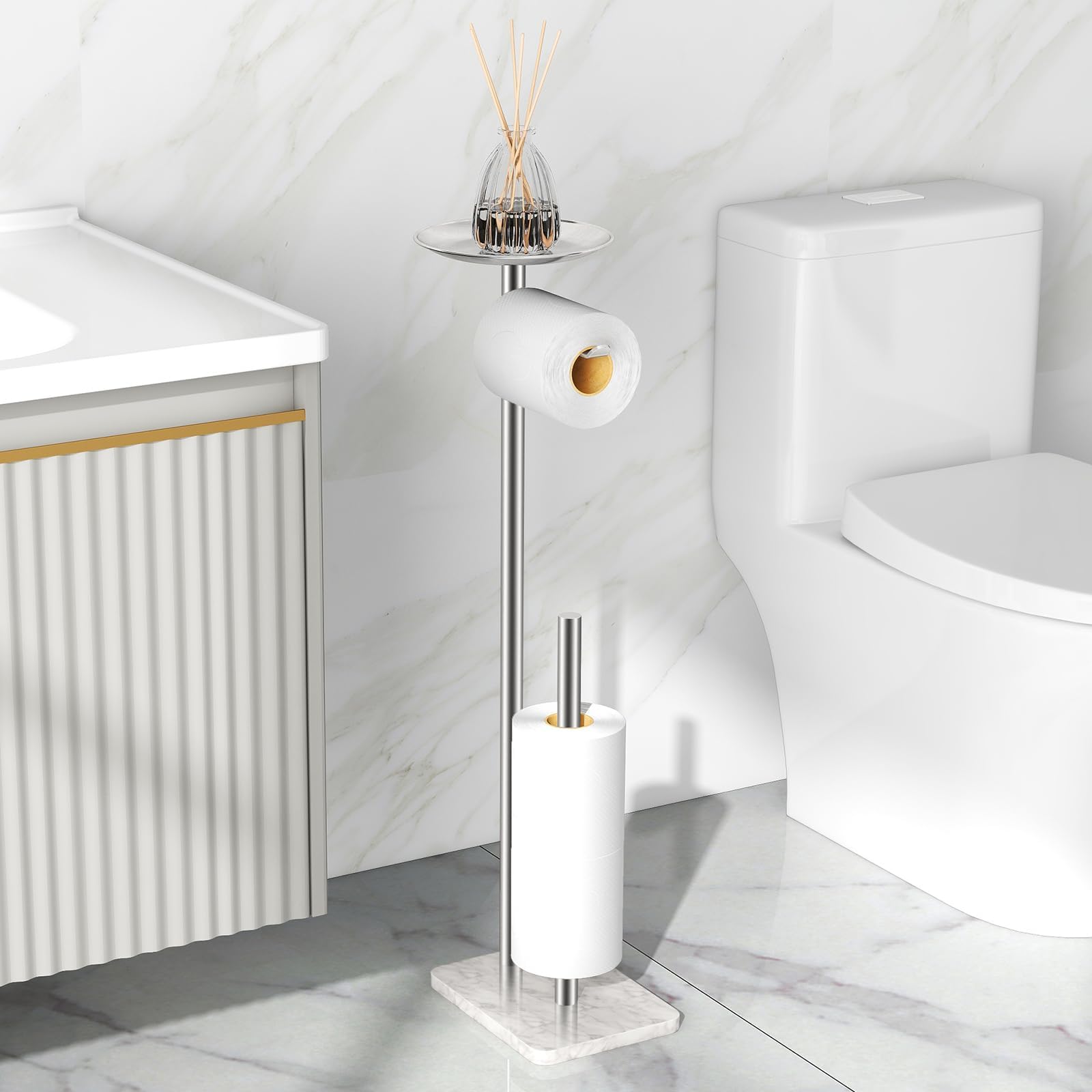 Toilet Paper Holder Free Standing with Marble Base: Stainless Steel Toilet Paper Holder Stand with Top Tray for Candles, Cell Phone and Wet Wipes, Storage 4 Mega Roll Papers (Brushed Nickel)