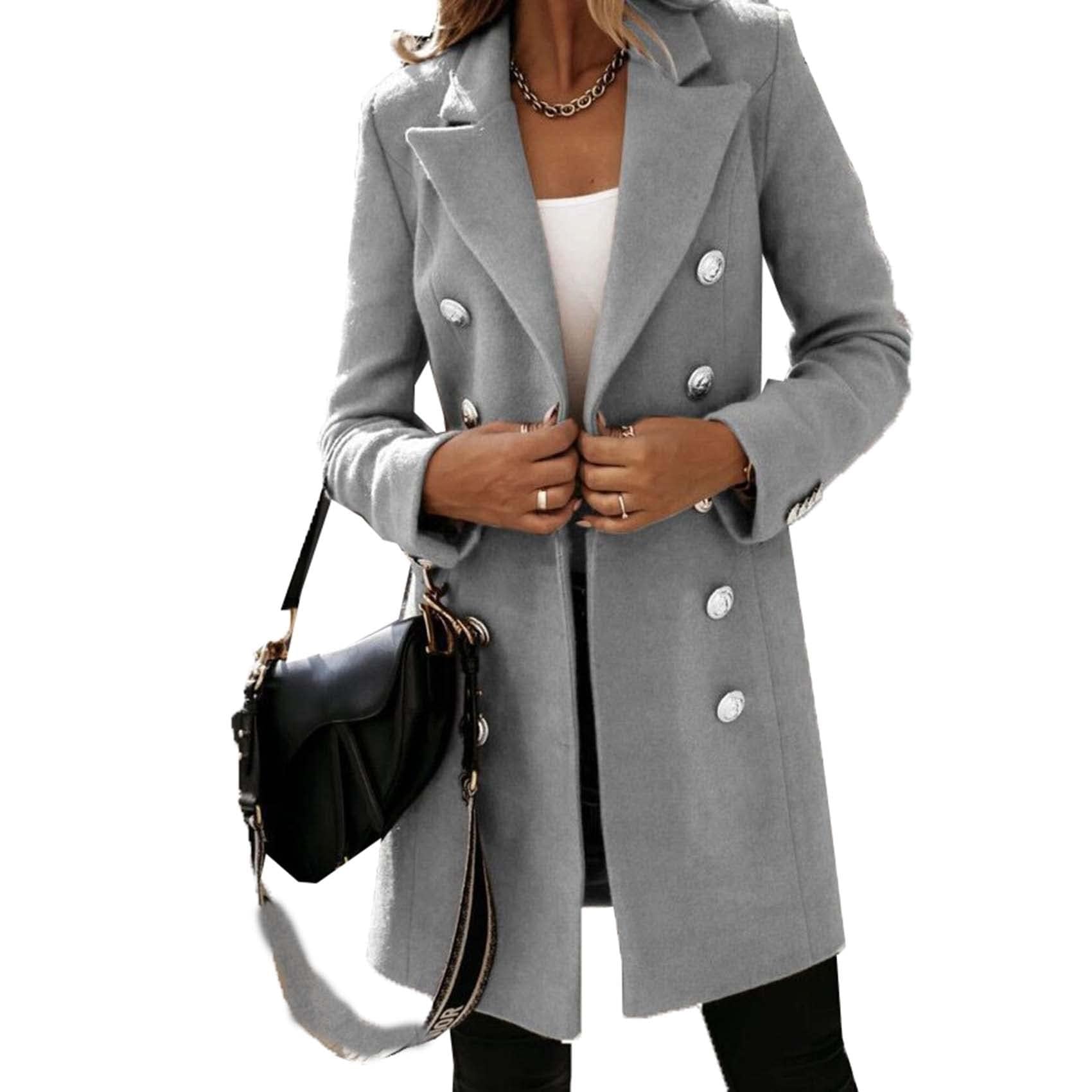 Lockenstab Autumn And Winter Leisure Exquisite Fashion Long-Sleeved Suit Collar Double-Breasted Nizi Jacket Windbreaker Coat Women(Gray,L)