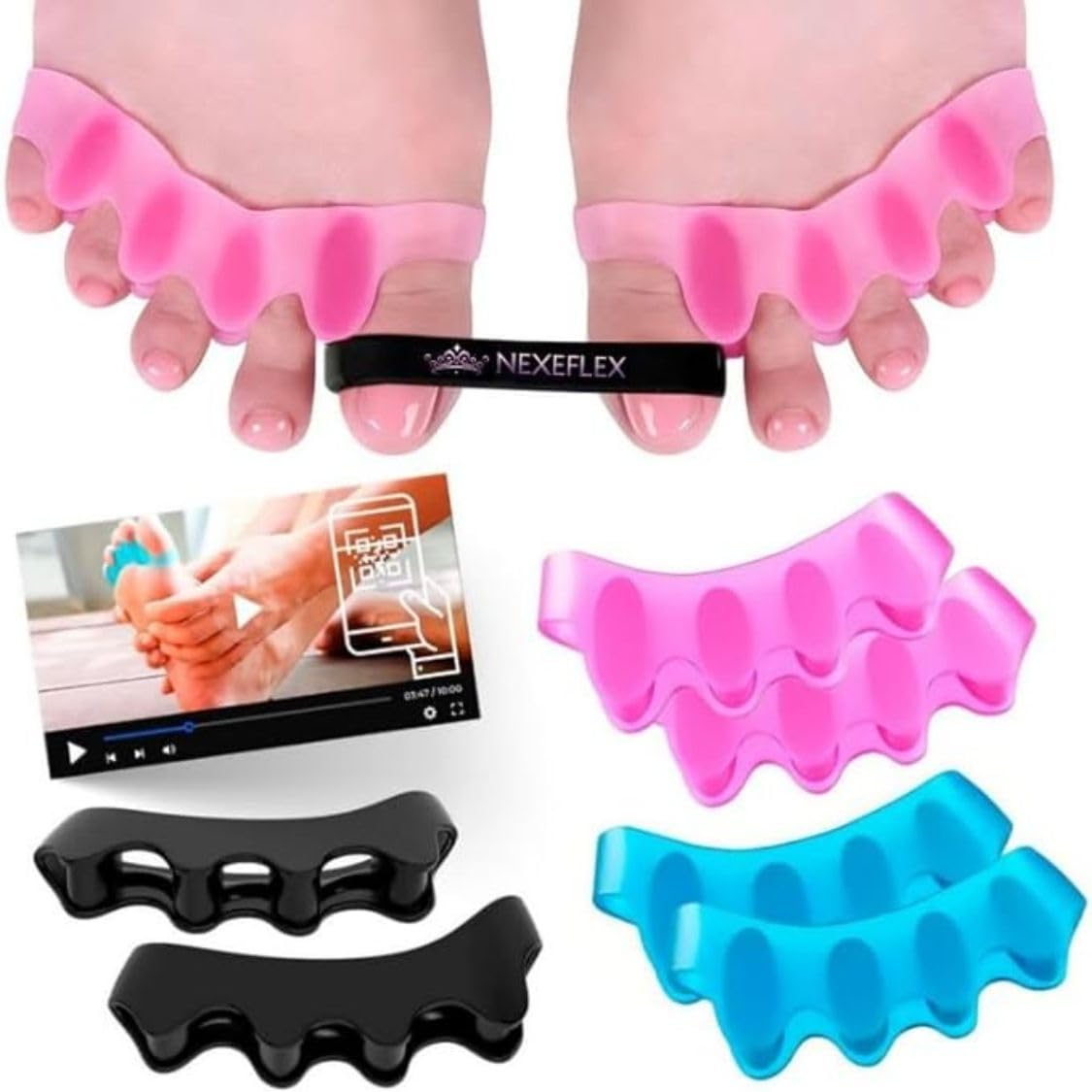 Separadores de dedos (Azul, Rosa, Negra) Correctores Para Pies, Pack De 3, Silicona, Incluye QR Guía Digital, Azul, Rosa, Negro, Confort Y Cuidado Diario, Ideal Para Pedicura Y Alivio De Juanetes