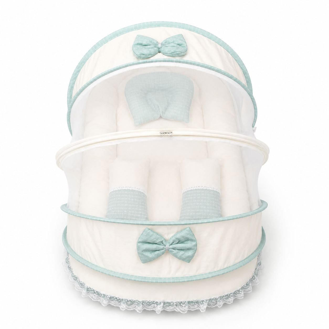 Adorables Baby Foldable Mosquito Net Bed with Pillow | Cotton Baby Bed for Newborn & Infants | 0-6 Months | Foldable, Breathable, 360° Mosquito Protection (Spring Green & Off White)-image-28