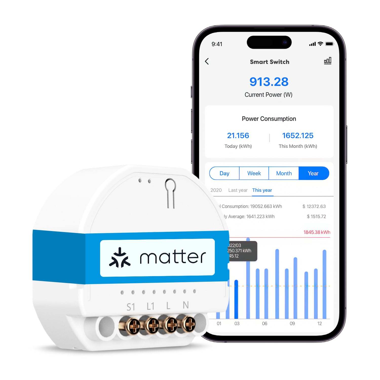 meross Meross Interruptor Inteligente Matter MSS815, 1 Via | Cable Neutro Requerido | Control de Luz y Monitoreo Consumo Eléctrico | Configuración Rápida | Compatible con Apple HomeKit, Alexa y Google Home