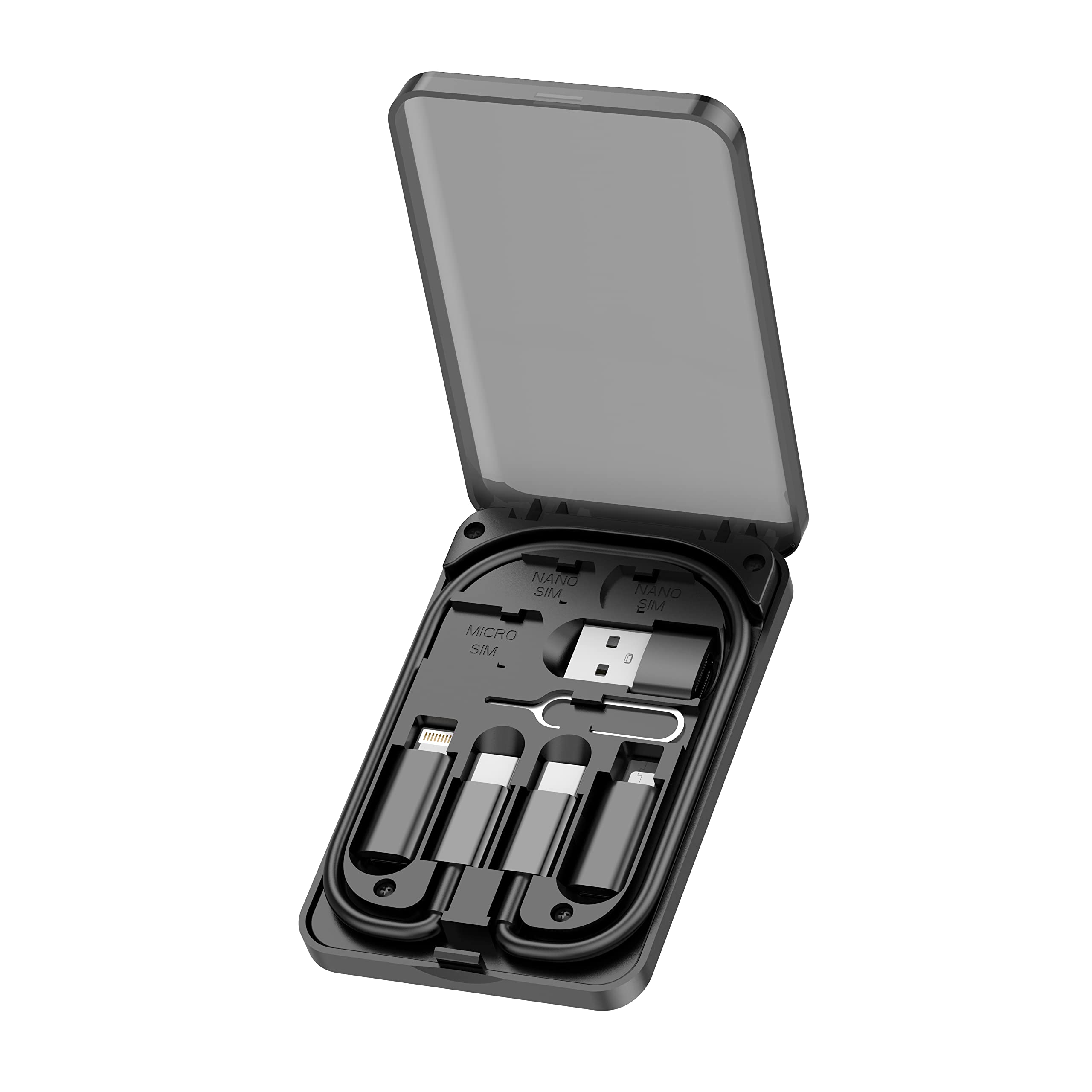 Green Lion 6 in 1 Multi-Functional Travel Box, Cable Organizer, Sim Ejector Pin Box, Micro SD and Nano Sim Card Slot (Black) - STORAGE BOX