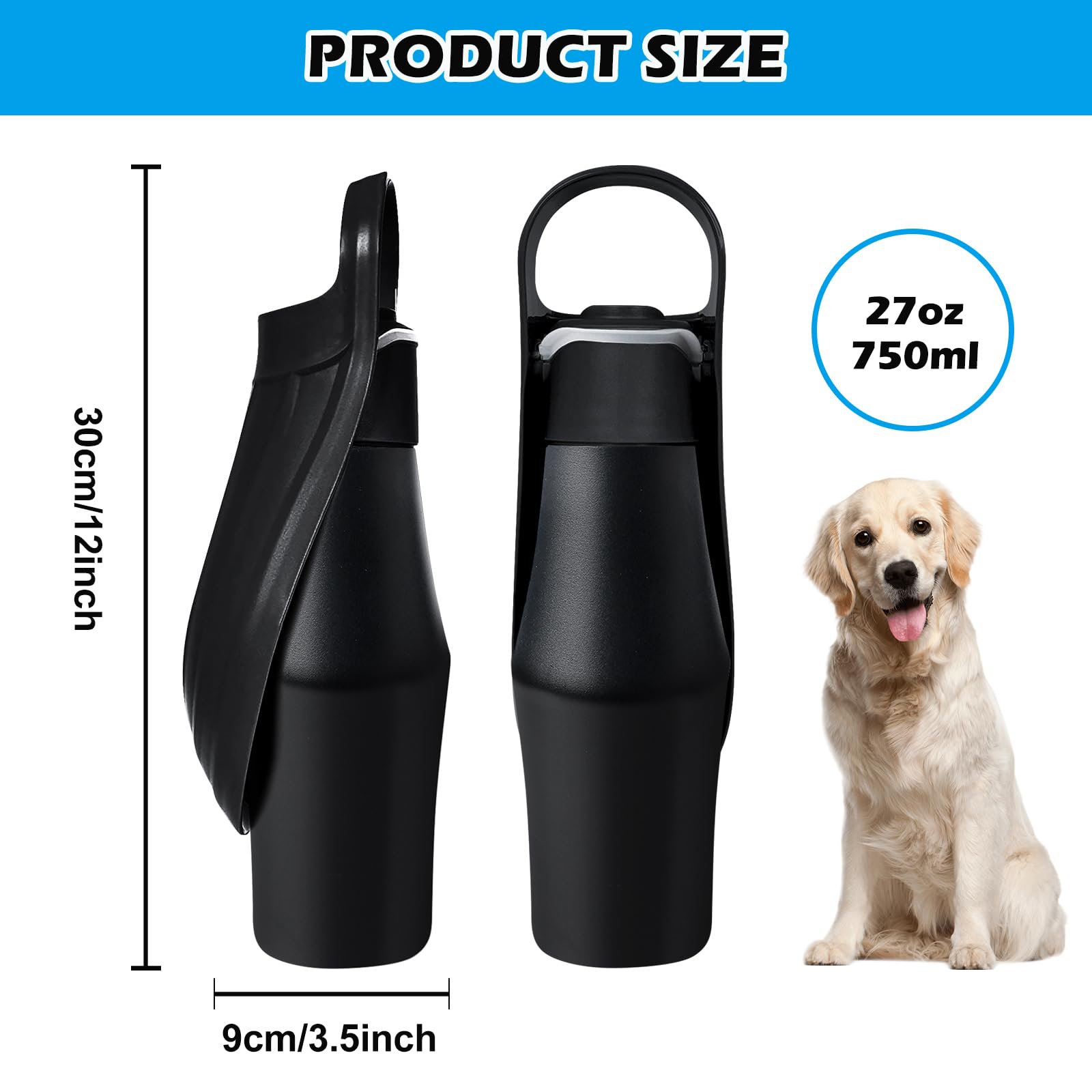 Hundetrinkflasche, Tragbare 750ml Edelstahl Wasserflasche für Hunde, 180° Faltbares Design, Ideal für Outdoor-Training und Hydratation