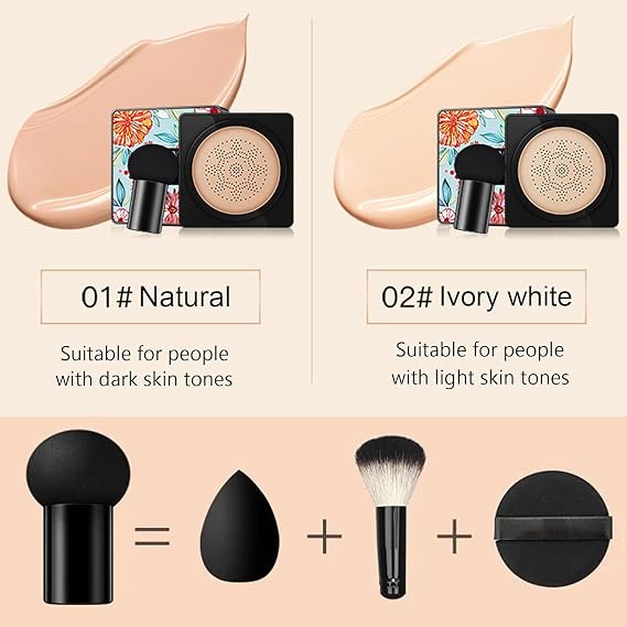 Beauty Cream, Beauty Cream with Mushroom Brush, Long Lasting Moisturizing Concealer Foundation (Ivory White)
