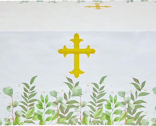 Miniatura 5 de Sparkle and Bash Juego de 170 piezas de decoración y vajilla para fiesta de bautismo y confirmación, cruz dorada con borde verde, 24 platos, vasos,