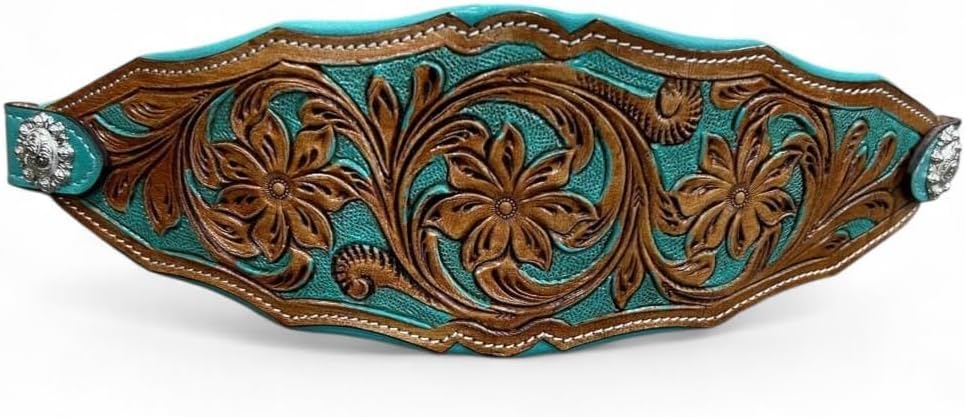Majestic Ally Western Horse Bronc Halter, Turquoise Padded Leather Noseband, Antique Finish, Tooled Floral Design, Adjustable Nylon