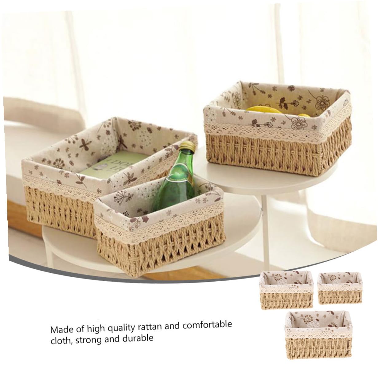 SHINEOFI Scatola Portaoggetti in Rattan e Tessuto Naturale, Cestino Porta Snack e Organizer per Soggiorno, Set da 3 Cestini Compartimentati per Casa e Decorazione Interni
