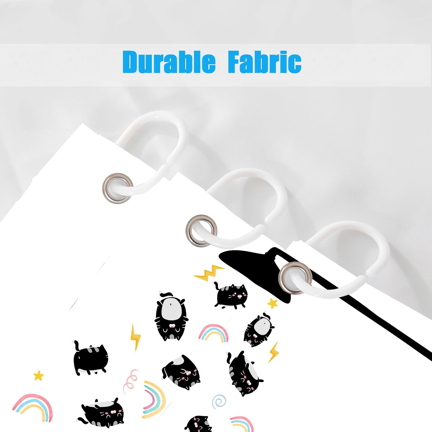Cat Shower Curtain Funny Shower Head Modern Cute Cartoon Cool Black Cat Rainbow Hilarious Bathroom Shower Curtains Waterproof Polyester Fabric Bathroom Hooks 71X84 Inch