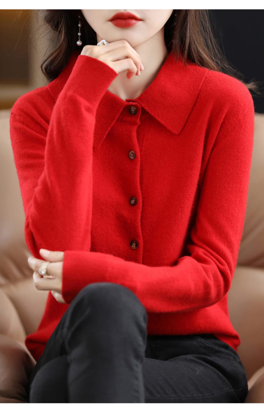 EIBA Cárdigans para Mujer Cárdigans De Punto para Mujer Moda Llanura Cuello Rojo Botón De Solapa Suéteres Delanteros Abiertos Cárdigan Otoño Invierno Suave Y Acogedor Abrigo De Punto Básico A