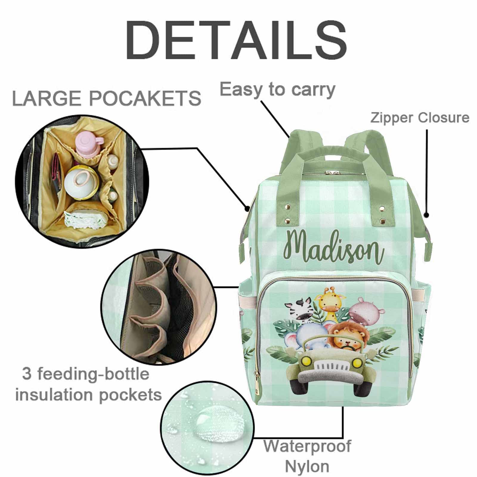 M YESCUSTOM Diaper Bag Custom Name Personalized Green Plaid Diaper Bag with Cartoon Animals Suits for Women Travel Outdoor Use
