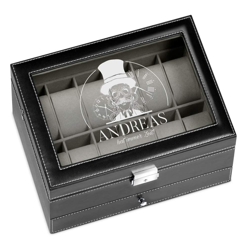 Maverton Uhrenbox mit Gravur für 12 Uhren & Schmuck - 30x20x13cm - Uhrenkasten aus Kunstleder - Schwarz - Geschenk für Männer - Zeit