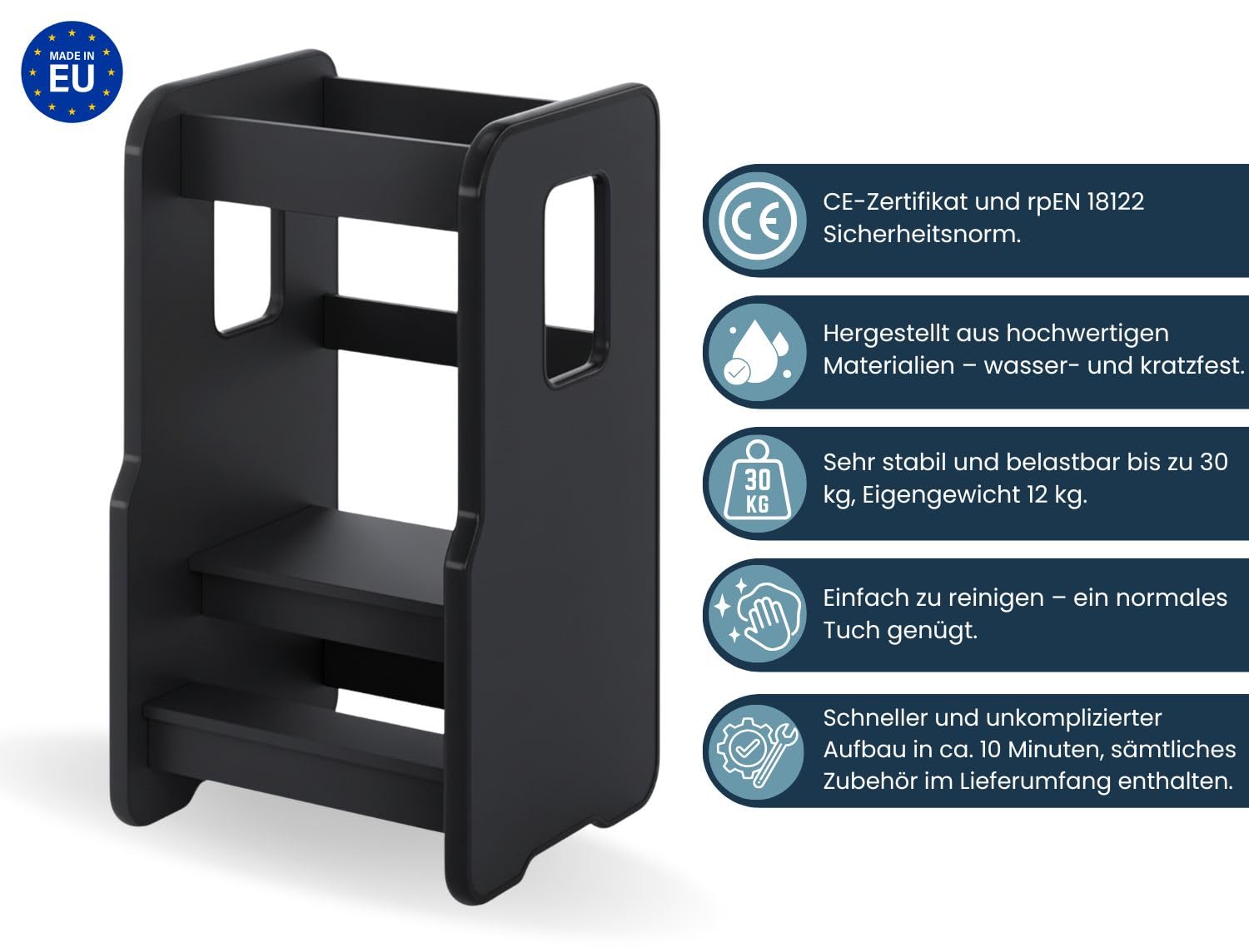 Lernturm ab 1 Jahr, Montessori Learning Tower, Schwarz | 3-stufig Höhenverstellbarer Lernturm für Kinder, Kinderstuhl Holz, Sicherer & Stabil Tritthocker Kinder, Tritthocker
