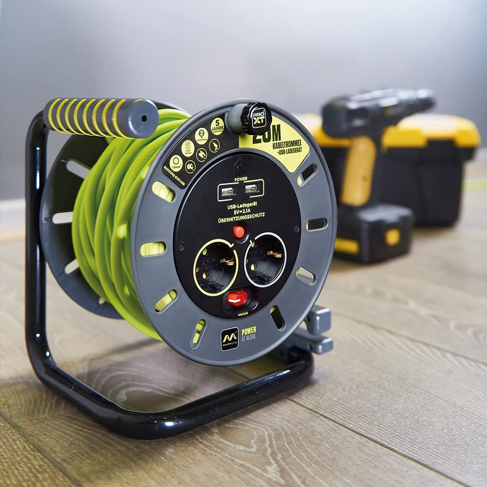 Masterplug Pro-XT Medium Cassette Kabelhaspel met vier stopcontacten, met wikkelhandgreep, thermische uitsnijding en aan/uit-schakelaar, 10 meter, hoge zichtbaarheid, groen