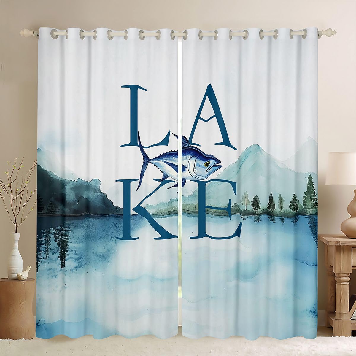 Rideau poisson brochet de lac occultant 140x245 voilage fenetre rustique