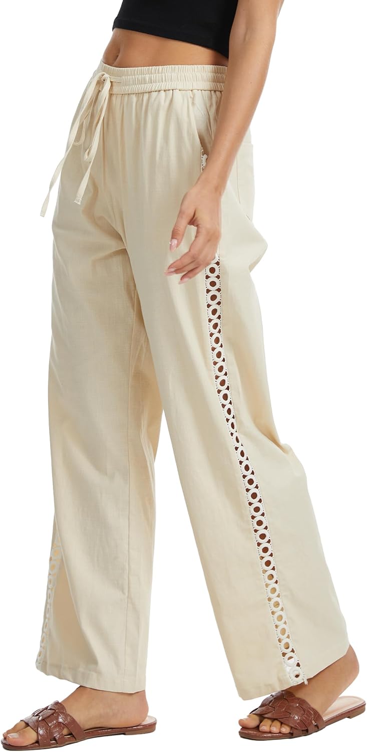 Demoking Womens Linen Pants Wide Leg Casual Palazzo Drawstring Loose Cotton Beach Vacation Clothes for Women with Hollow Side - Image 6