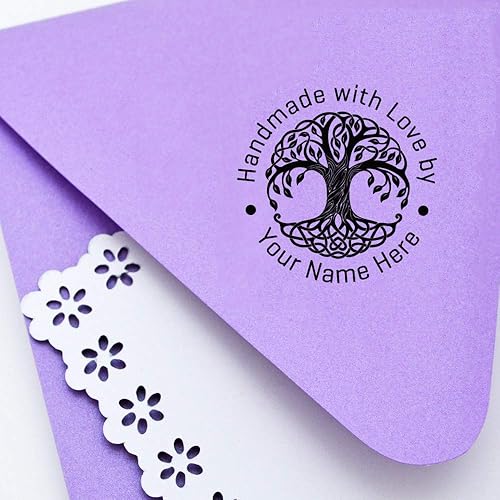 Miniatura 4 de Hecho a mano con amor por sello personalizado árbol de la vida, monograma de fuente de guión, sello de goma con destello de goma, sellos de negocios