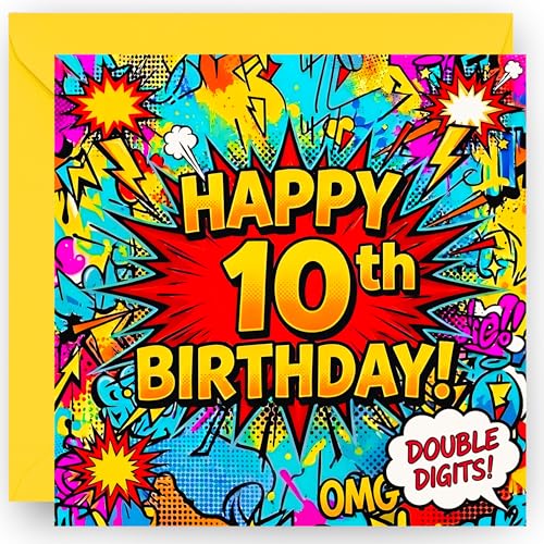 10th Birthday Card Gift for Boys and Girls Comic Book Style Design Happy 10 Years Old Greeting Card With Vibrant Yellow Envelope Size 14cm