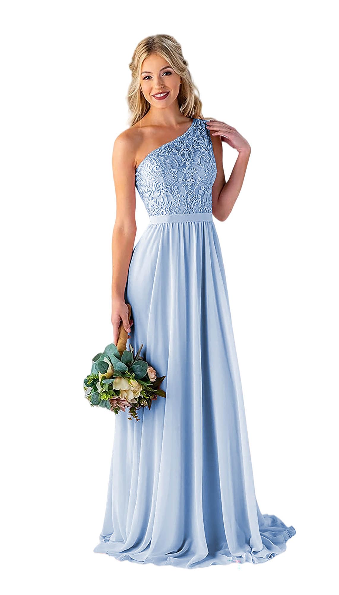 LANGKAAO Women's One Shoulder Bridesmaid Dresses Long for Wedding with Pockets Lace Bodice A-Line Chiffon Formal Party Gown