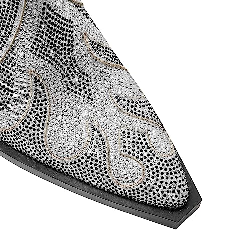 Womens Sparkling Rhinestone Cowboy Boots Bling Flame Chunky Heel Diamond Ankle Boots Pointy Toe Side Zip Black Glitter Cowboy Boots4