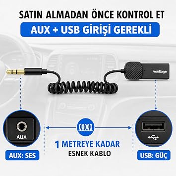Bluetooth 5.4 Araç AUX Adaptörü, 3.5 mm Jack Araç Ses Kiti