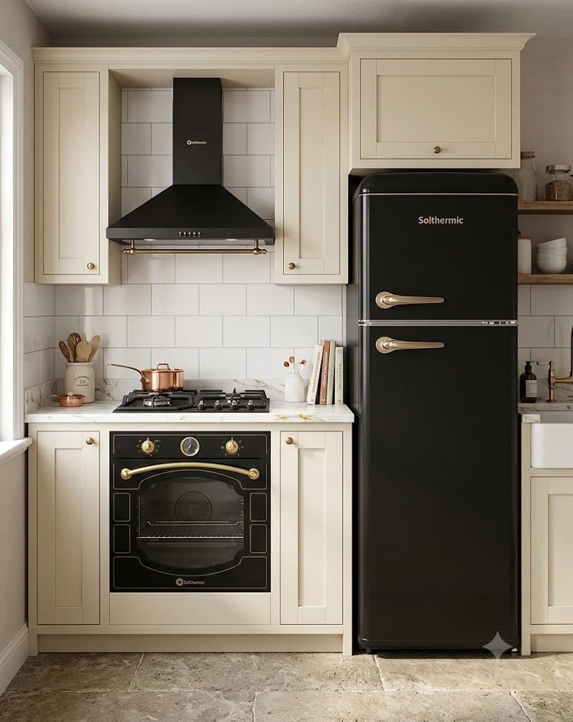 SOLTHERMIC PACK 4 EN 1 NEGRO RUSTICO ACABADOS DORADOS/CAMPANA DECORATIVA H60pr 60 CM, ENCIMERA DE GAS 60 CM SA022, HORNO Y FRIGO 2P F2PR147N DE 1,47 cm alto x 55 ancho y de hasta 220L