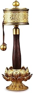 HMWOKPOT Tibetan Buddhist Hand Turn Praying Instrument Copper Hand-Held Tibetan Prayer Wheel with Lotus Base for Praying,Gold,S