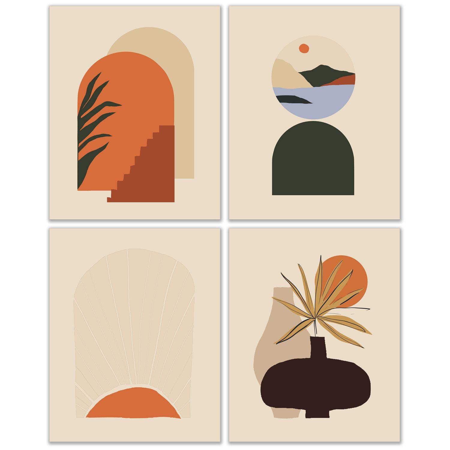 Modern Boho Terracotta Wall Art Decor Prints - Set of 4 (8 inches by 10 inches) Minimalist Mid Century Sun Abstract Home Artwork Quality Neutral and Natural Warm Earthy Color