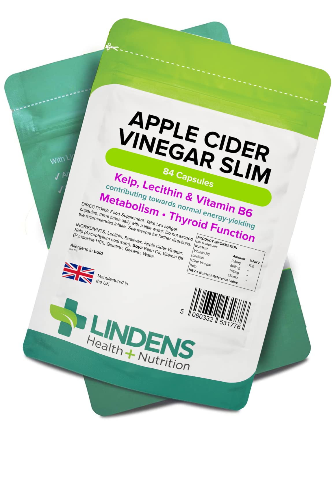 Lindens Apple Cider Vinegar Slim Capsules - 84 Pack - Contributes to Healthy Metabolism, Healthy Thyroid Function, Reduction of Tiredness & Fatigue - UK Manufacturer, Letterbox Friendly, Brown