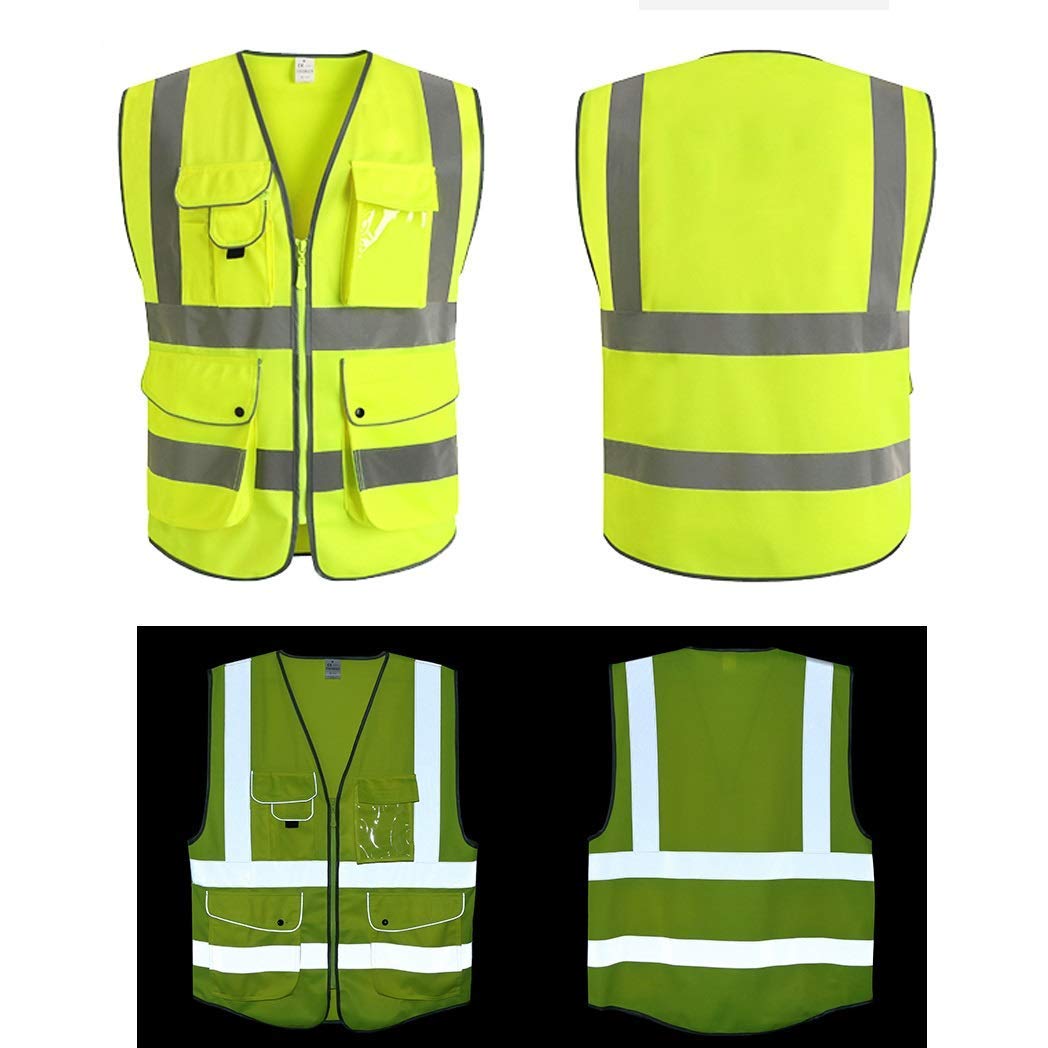 Chaleco de Seguridad para Hombre, Chaleco Reflectante de Seguridad 100% poliéster Cómodo y Transpirable Cremallera/Bolsillo Chalecos Reflectantes de Alta Visibilidad 2 Piezas (Amarillo, L)