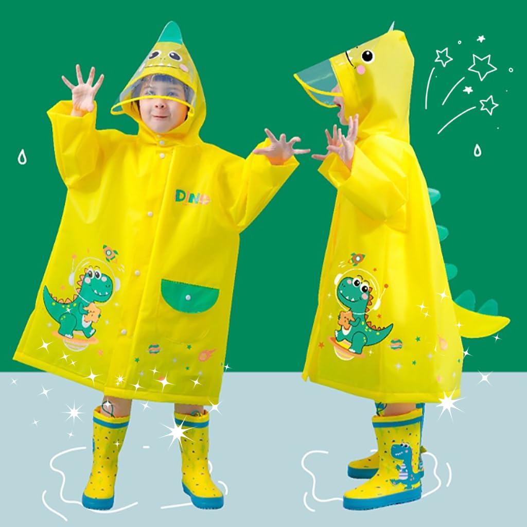 PATPAT® Dinosaur Kids Rain Coat EVA Hooded Rain Jacket with Transparent Wide Hood Brim Cartoon Rain Coat for Kids with Storage Pouch, Knee-length Kids Rain Coat for Boys Girls 3-4 Years Old, S - Image 7 thumbnail