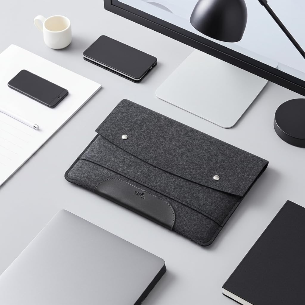 Pack & Smooch Funda de Fieltro Compatible con MacBook Pro 14 | 100% Fieltro de Lana Merino | Piel Curtida Vegetal | Color Antracita/Negro | Hampshire