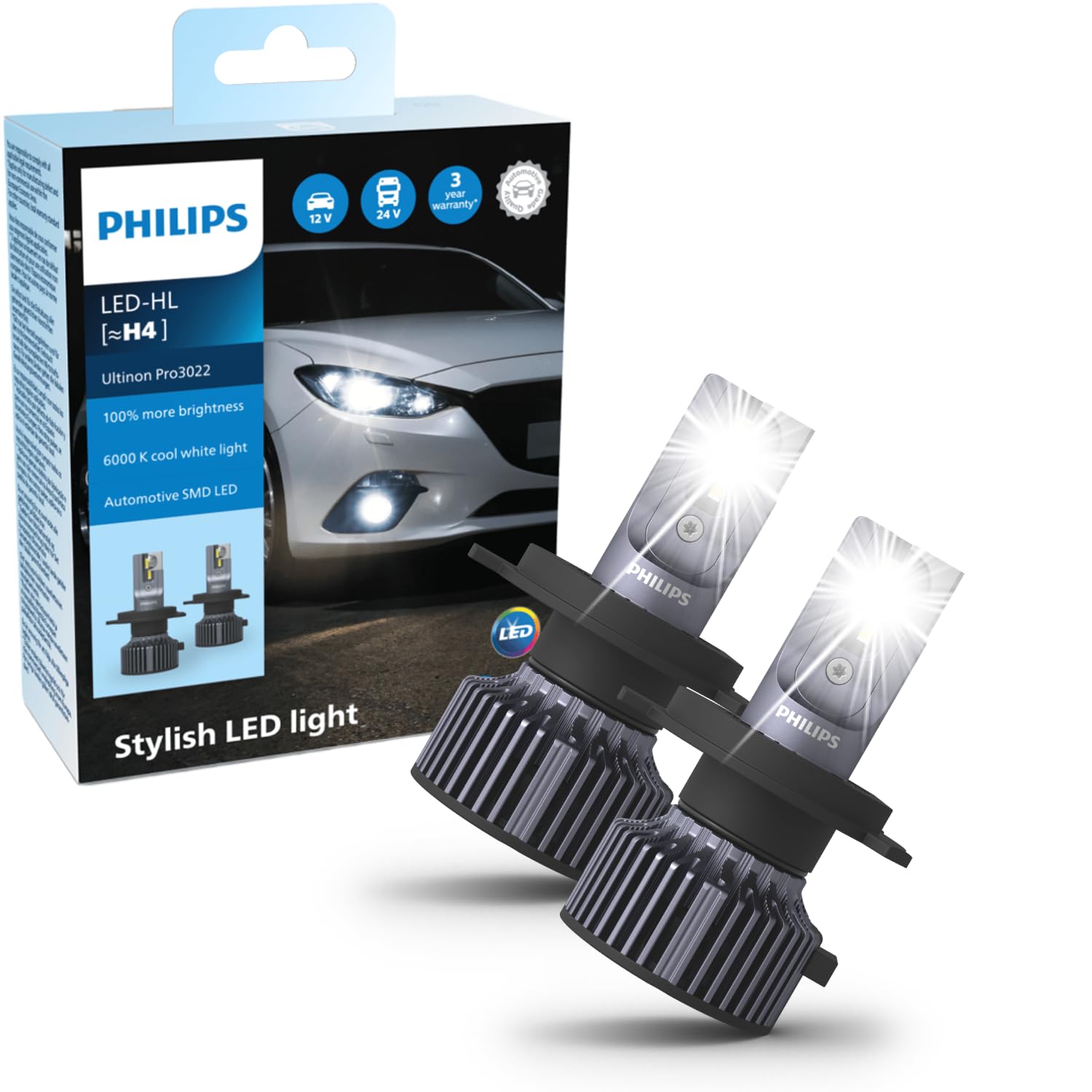 Philips Ultinon Pro3022 LED faros delanteros (H4), +100%, luz blanca fría de 6.000K, paquete doble