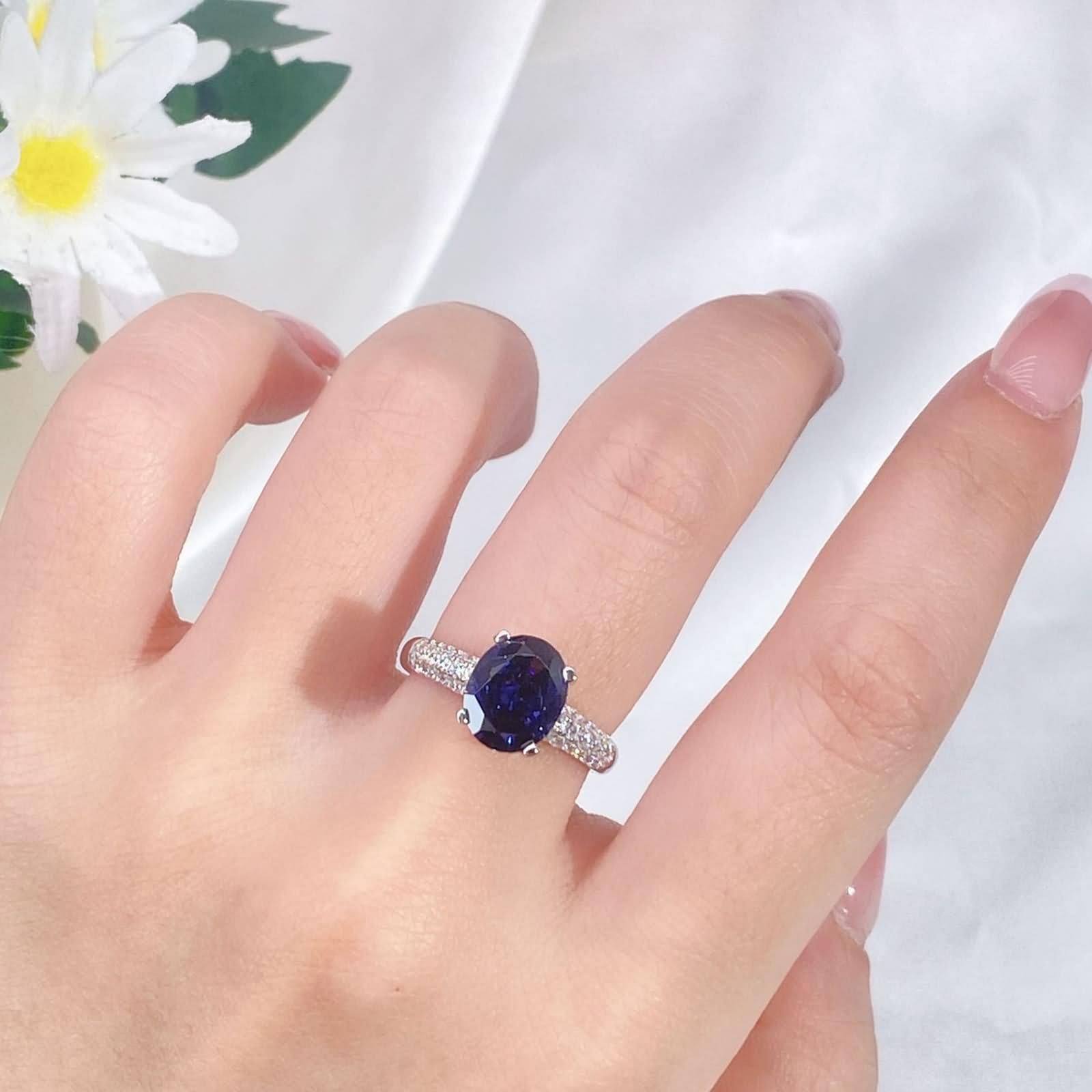 Anello da donna, anello da donna 3 ct, tanzanite ovale con moissanite 9 carati, oro bianco bianco, misura 45 (14,3)