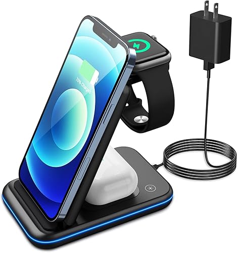 Estación de carga inalámbrica plegable - Base de carga inalámbrica Qi 3 en 1 para iPhone y Apple Watch - Base universal de carga rápida para