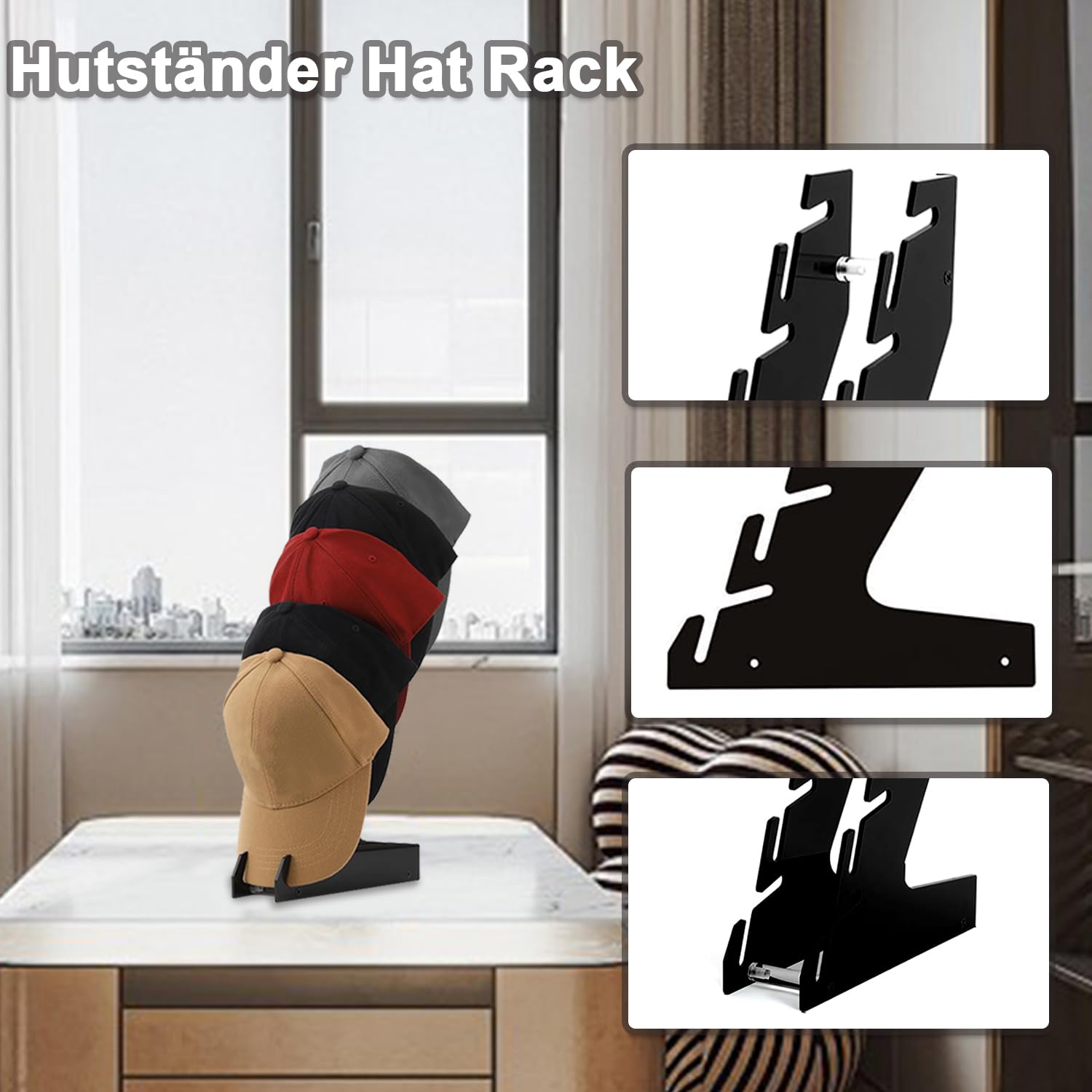 Hutständer Hat Rack Organizer,Cap Halter,Hutablage Fasst 5 Hüte Wandhalterung aus Acryl,Mützen Aufbewahrung,Huthalter passend Für Baseballkappen,Schränke, Schubladenschränke und Wände,Schwarz