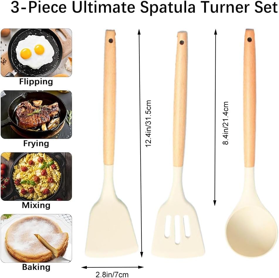 Image of Silicone Spatula Set of 3 - Wooden Handle Kitchen Tools (Red, White,Black,Blue, Green) - Heat Resistant, Non-Stick, Cooking & Mixing Spatulas for Non-Stick Pans (White)