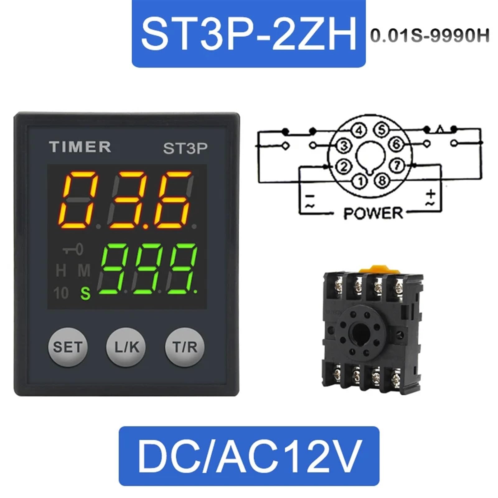 LCD Digitales Zeitrelais ST3P-1Z ST3P-2Z ST3P-2ZH Programmierbares Verzögerungsrelais Ausschaltverzögerung 12 V/24 V/220 V mit Sockel PF083A 1 Stück(ST3P-2ZH 12V)