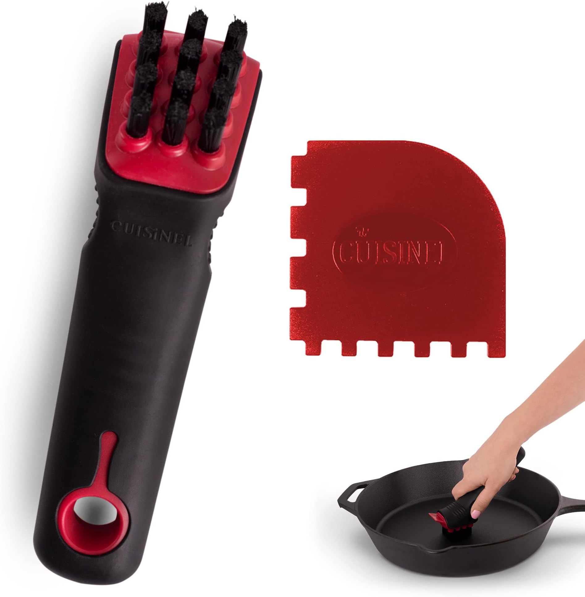 Cast Iron Scrubber Cleaning Brush + Pan/Grill Scraper - Skillet and Grill Cleaner Kit - Soft-Touch Confident-Grip Dish Scrub Tool - Tough on Grease, Gentle on Metal and Non-Stick Cookware