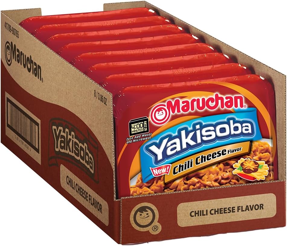 Maruchan Yakisoba, Chili Cheese Flavor – Stir-Fried Japanese Instant Ramen Noodles, High Protein Microwavable Meal – 3.86 Oz. (8 Pack)