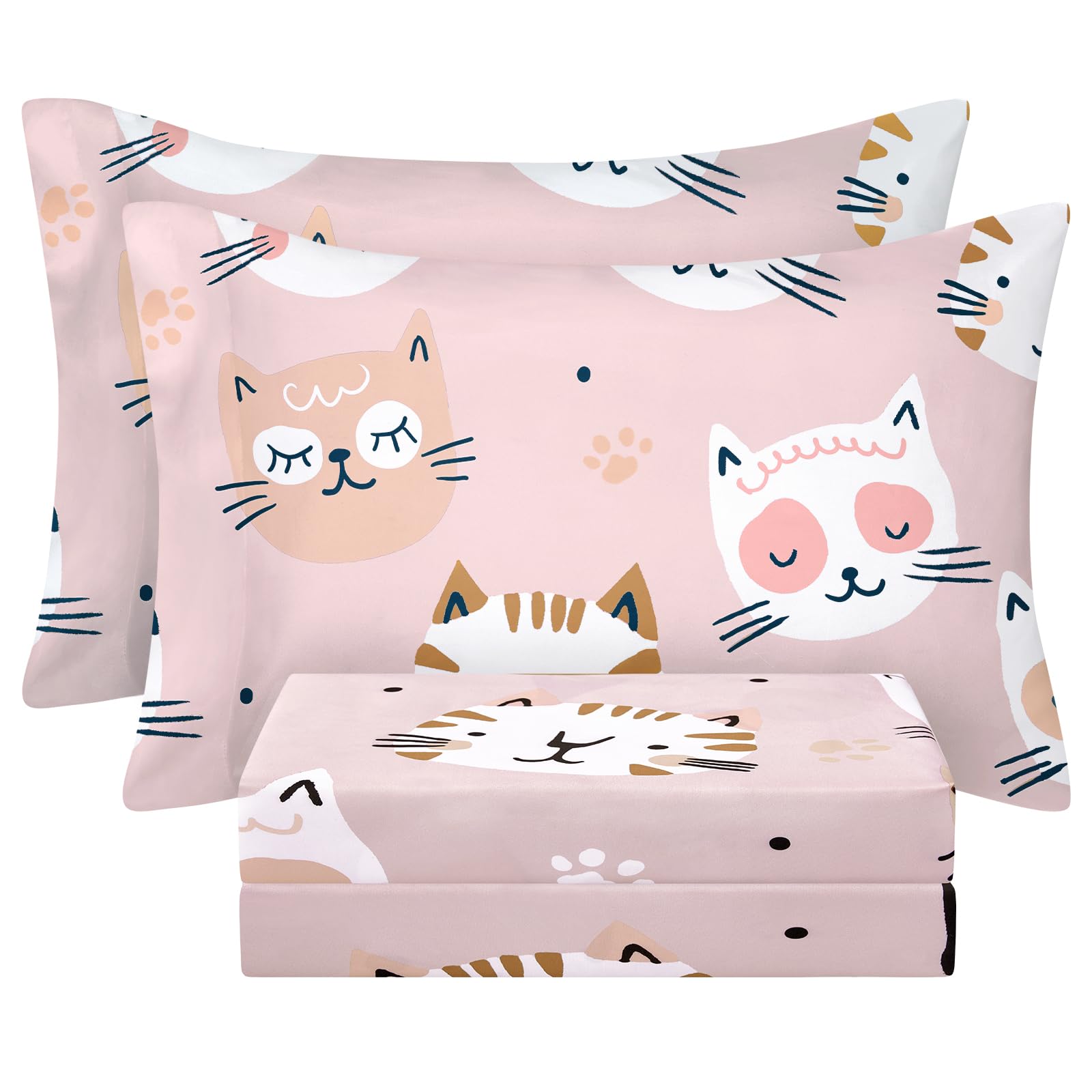 BYSURE Full Sheets Set Kids(Cat Kitties, Pink), 4 Pieces Easy Fit Deep Pocket Sheets Set, Breathable Wrinkle-Free Microfiber Bedding for Children