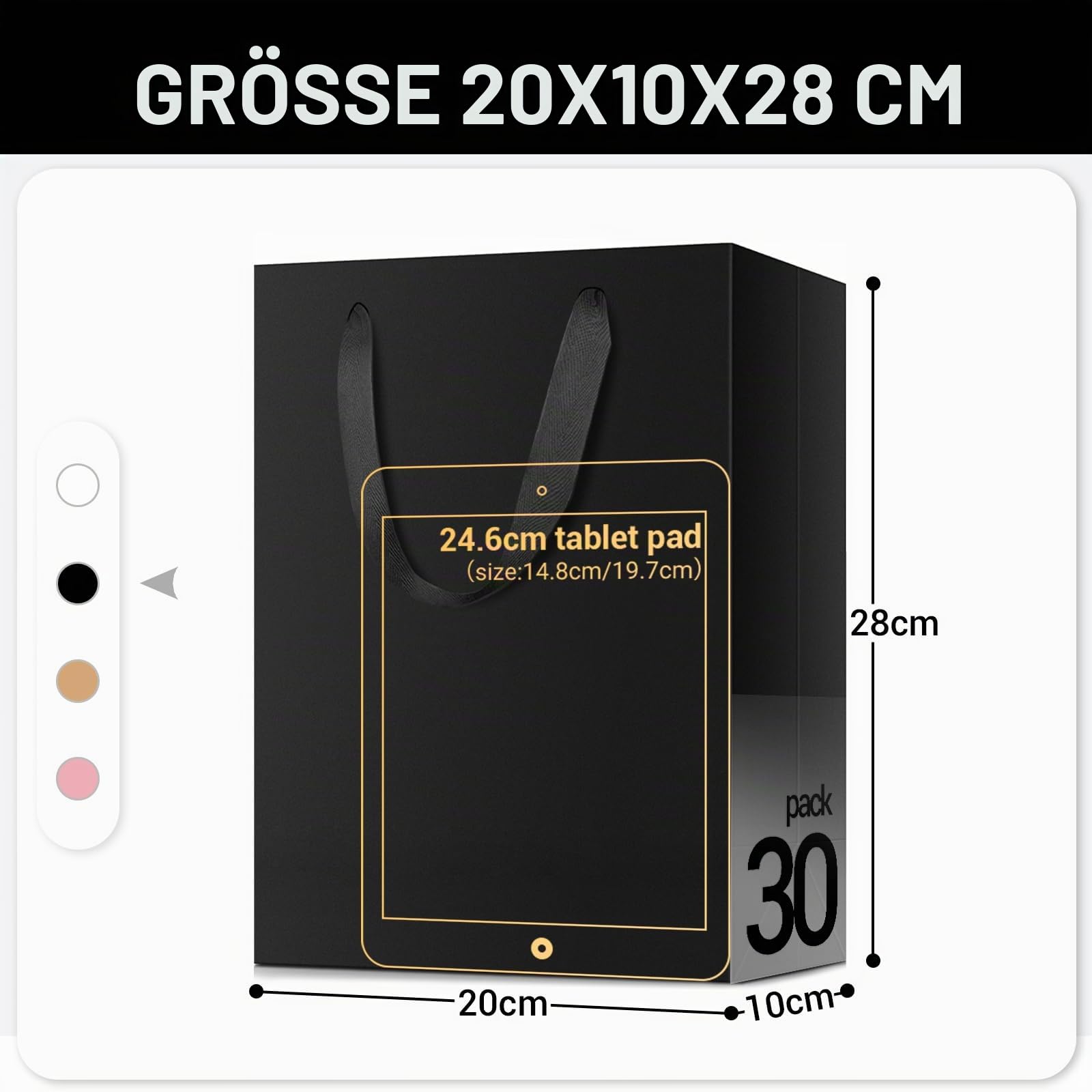 EUSOAR Papiertüte Schwarz - 30 Stück 250GSM Schwarze Hochwertige Tüte- M 20x10x28cm Geschenktasche Mittel- Kraftpapier Einkaufstüten Papier Schwarz- Geschenktüte Mann