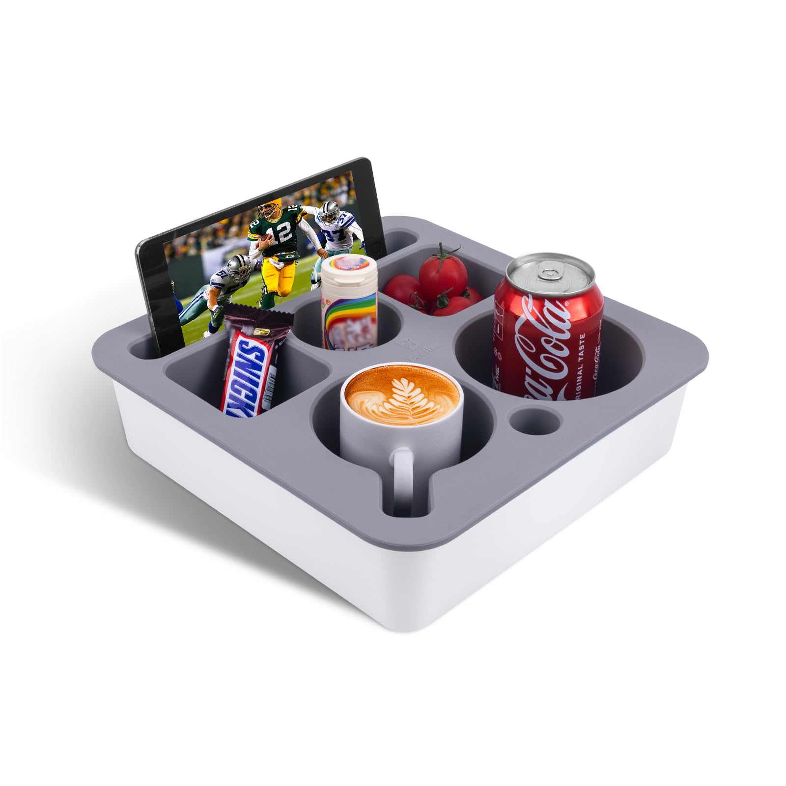 Photo 1 of Couch Cup Holder Tray, Bonfixe Stable Couch Caddy for Bed and Sofa, Upgraded Capacity Health-Friendly Silicone Anti-Spill Drink Holder Organizer for Snacks Beverage (White-Gray)