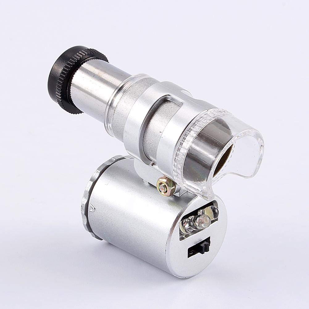 Mini mikroskop metalowy, 60x lupa kieszonkowa szkło lupa z kieszonkowym mikroskopem LED UV do biżuterii diamenty klejnoty monety znaczki