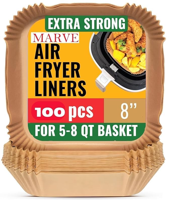 Image of Marve Square Air Fryer Liners Food-Grade BPA Free Air Fryer Paper for 5 to 8 litres Oil-Free Fryers - Healthy Cooking I Heat Resistance Air Fryer, Baking, Roasting Microwave (100 Square Air Fryer)