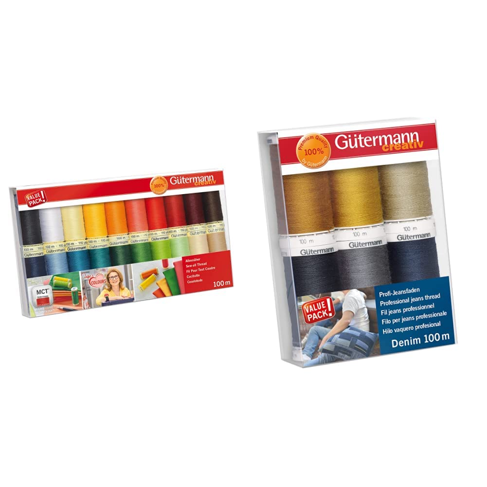 Nähfaden-Set mit 20 Spulen Allesnäher 100 m in Inges Lieblingsfarben & Nähfaden-Set mit 6 Spulen Profi-Jeansfaden Denim 100 m in den typischen Jeanssteppfarben