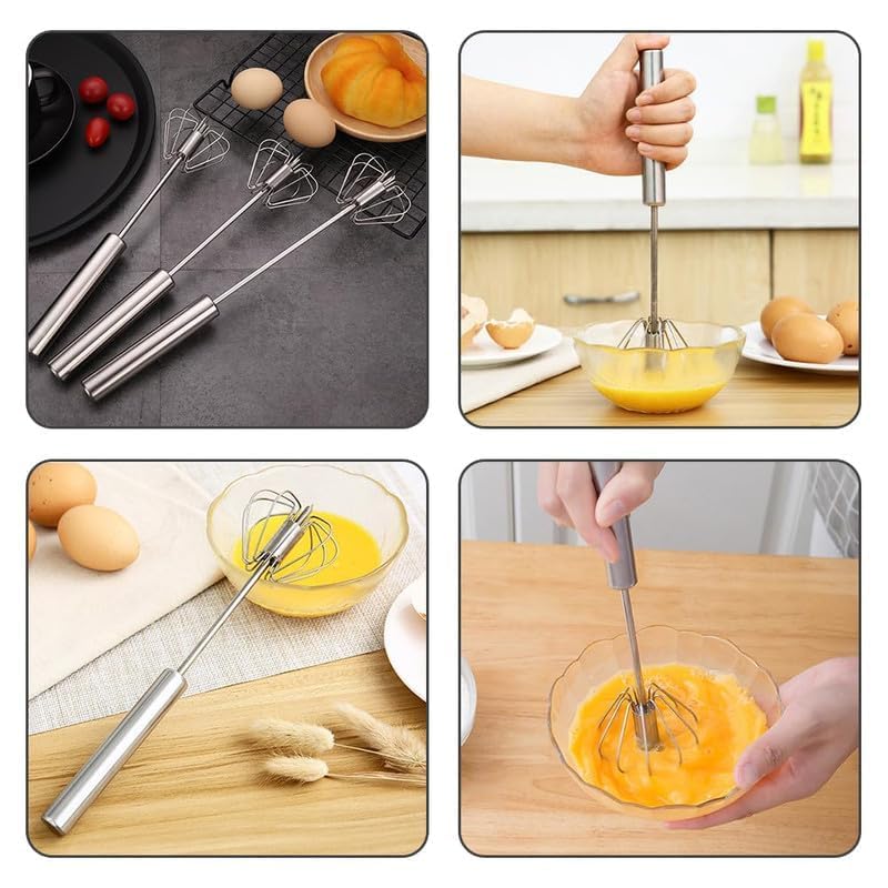 Fouet semi-automatique en acier inoxydable, batteur à œufs semi-automatique, fouet rotatif, outil polyvalent pour la cuisine, la maison, le mousseur à lait (argent, 3 pièces)