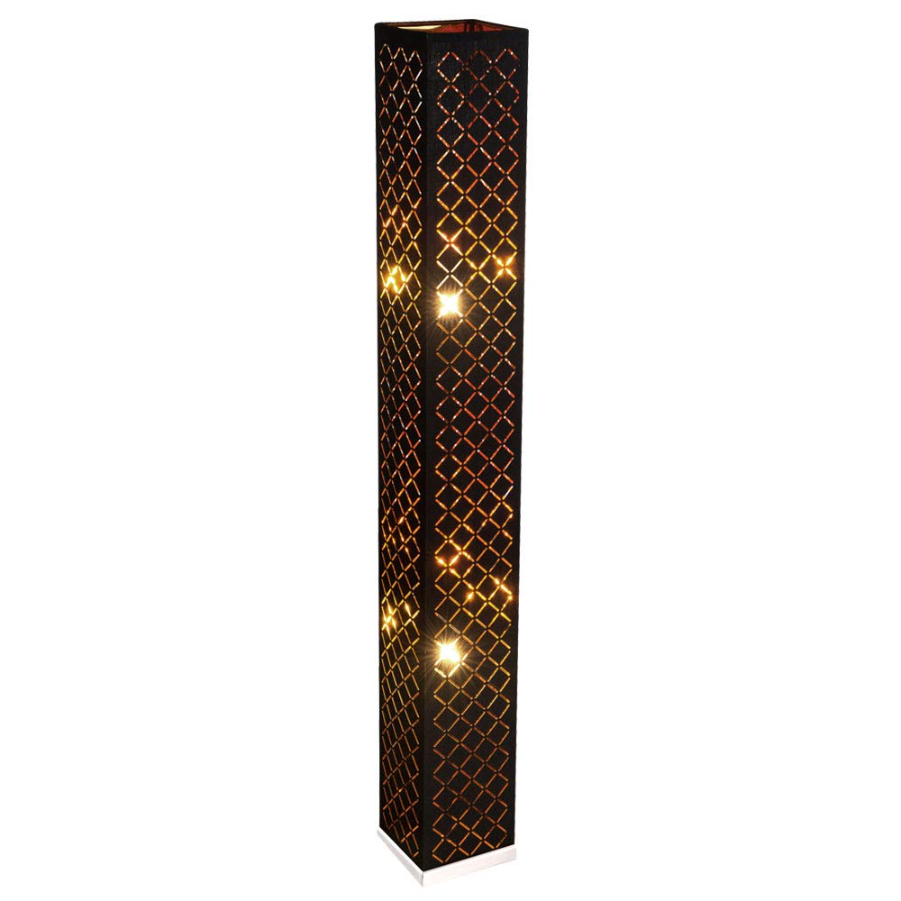 Stehlampe Stoff Standlampe Designleuchte schwarz Wohnzimmer mit Textilschirm Blattgold, Metall silber, 2x E27, LxBxH 15x15x118 cm