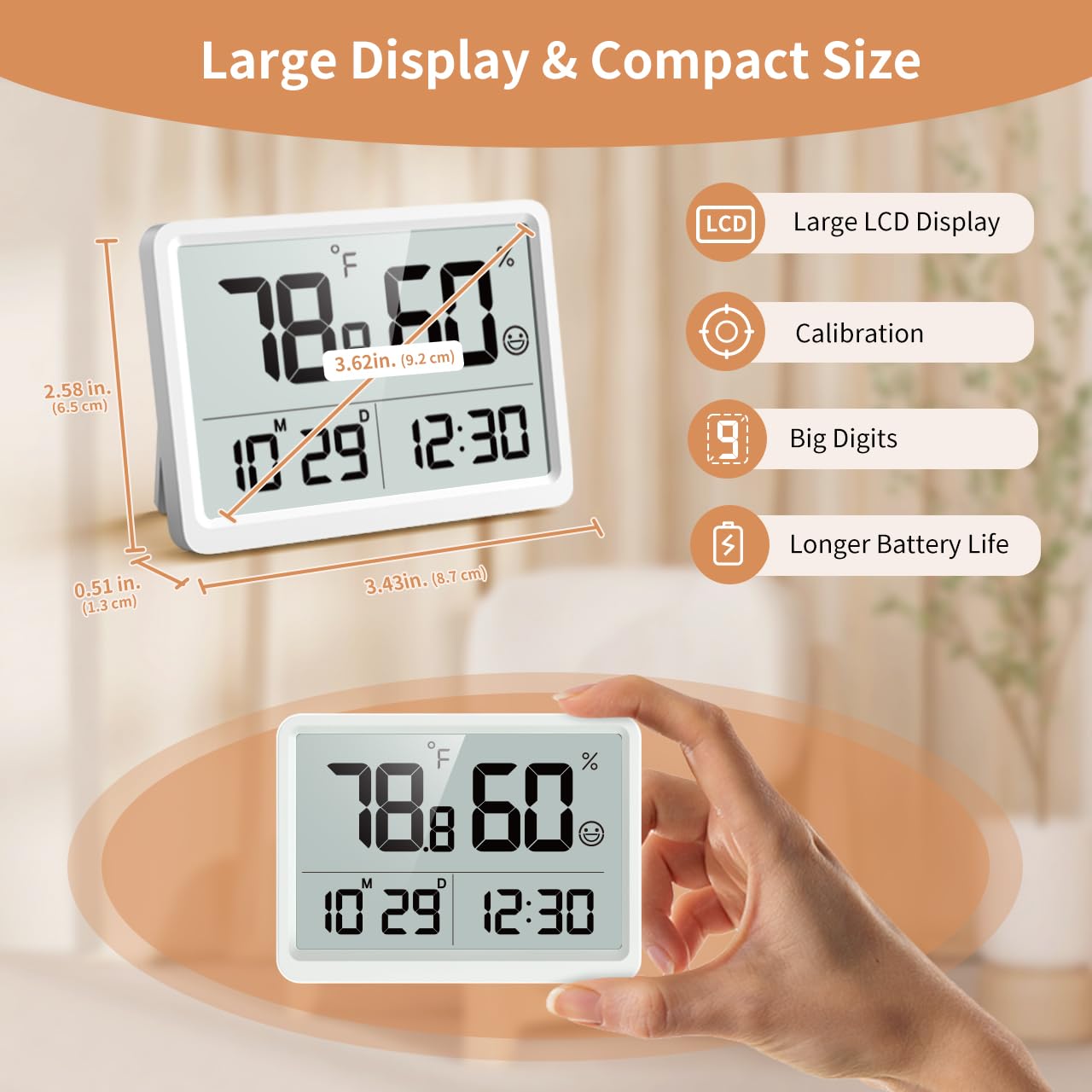 DOOMAY Termómetro Higrómetro Digital Interior | Pantalla Grande LCD Con Fecha Y Hora | Precisión Calibrable, Ícono De Confort | Para Hogar, Sótano, Guardería