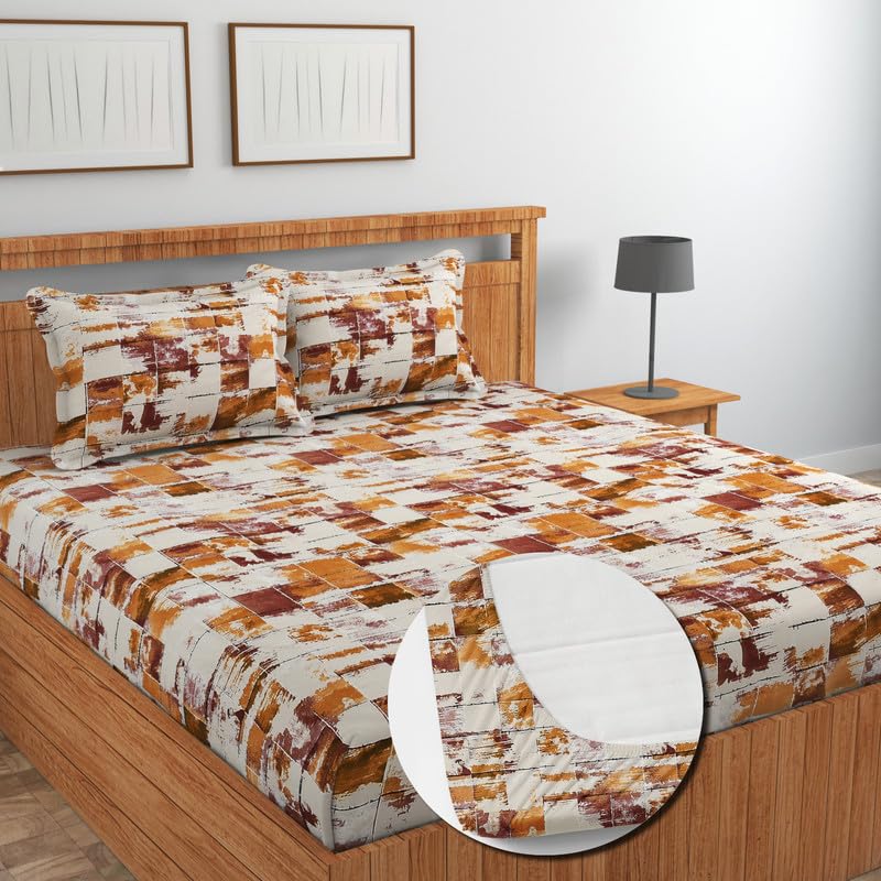 Image of NEW LEAF Cotton Fitted King Size Bedsheets with 2 Pillow Covers | Elastic Fitted | Wrinklefree | Ultrasoft |Winter Bedsheet 220 tc tc Floral | 710x72+10 Inches, Brown White